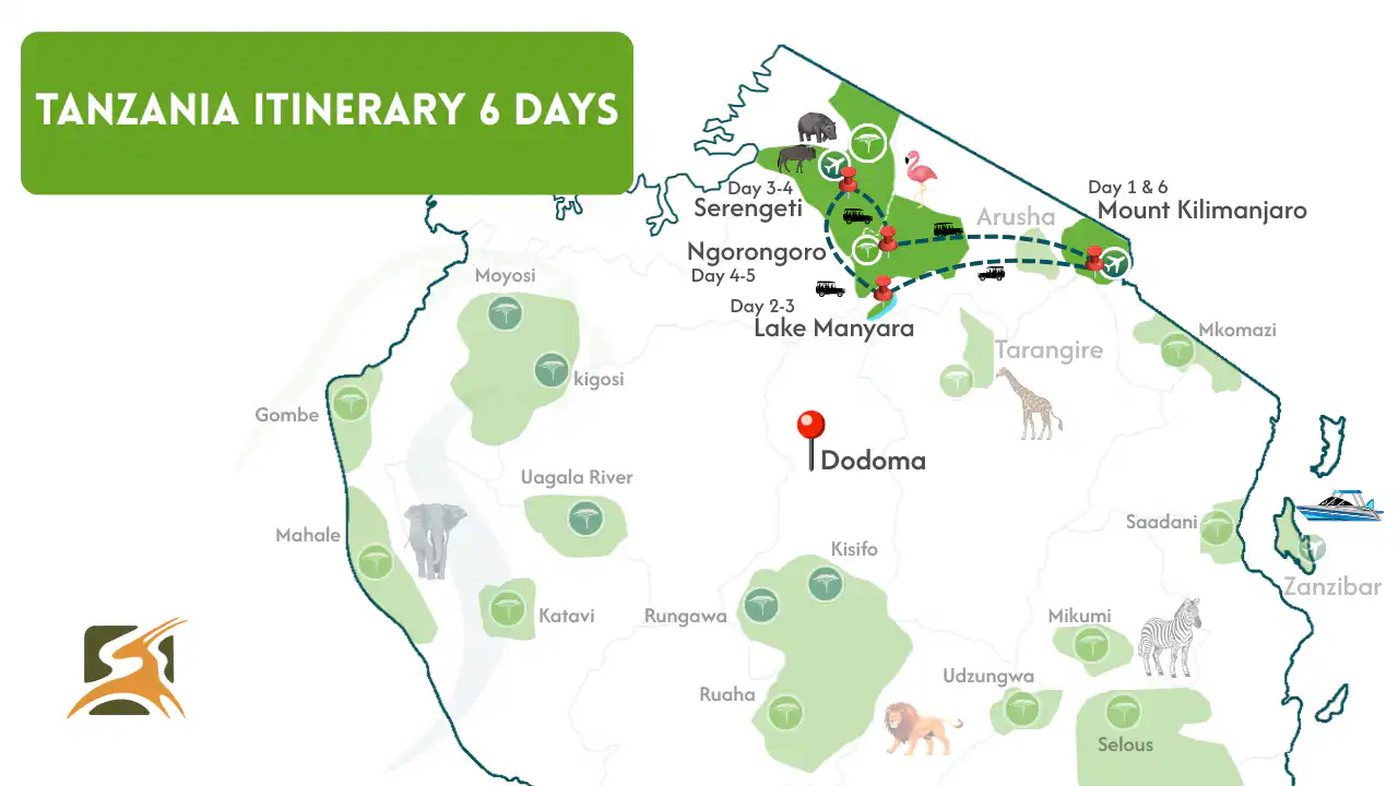 Tanzania Itinerary 6 Days Map